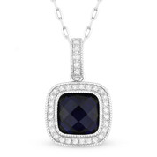 2.23ct Checkerboard Lab-Created Blue Sapphire & Round Cut Diamond Halo Pendant & Chain Necklace in 14k White Gold