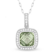 1.60ct Checkerboard Green Amethyst & Round Cut Diamond Halo Pendant & Chain Necklace in 14k White Gold