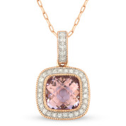 1.63ct Checkerboard Pink Amethyst & Round Cut Diamond Halo Pendant & Chain Necklace in 14k Rose Gold