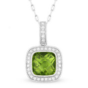 1.67ct Checkerboard Peridot & Round Cut Diamond Halo Pendant & Chain Necklace in 14k White Gold