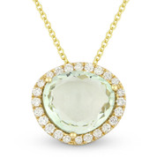 2.46ct Fancy Cut Green Amethyst & Round Diamond Halo Pendant & Chain Necklace in 14k Yellow Gold