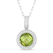 1.49ct Checkerboard Peridot & Round Cut Diamond Halo Pendant & Chain Necklace in 14k White Gold