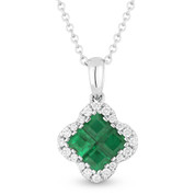 0.66ct Princess Cut Emerald Cluster & Round Diamond Pendant & Chain Necklace in 14k White Gold