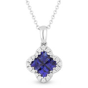 0.68ct Princess Cut Sapphire Cluster & Round Diamond Pendant & Chain Necklace in 14k White Gold