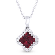 0.64ct Princess Cut Ruby Cluster & Round Diamond Pendant & Chain Necklace in 14k White Gold
