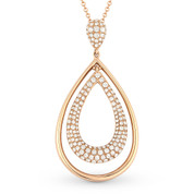 0.74ct Round Cut Diamond Pave Tear-Drop Pendant & Chain Necklace in 14k Rose Gold