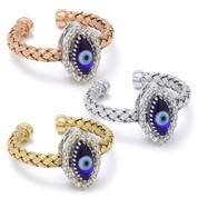 Evil Eye Glass Bead & 0.16ct Round Cut Diamond Marquise-Shaped Charm Adjustable Ring in .925 Sterling Silver