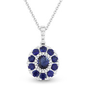 1.13ct Sapphire Cluster & Diamond Pave Antique-Style Pendant in 18k White Gold w/ 14k Chain Necklace