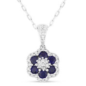 0.70ct Round Cut Lab-Created Blue Sapphire & Diamond Pave Flower Pendant & Chain Necklace in 14k White Gold