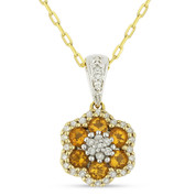0.50ct Round Cut Citrine & Diamond Pave Flower Pendant & Chain Necklace in 14k Yellow & White Gold