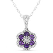 0.54ct Round Cut Purple Amethyst & Diamond Pave Flower Pendant & Chain Necklace in 14k White Gold