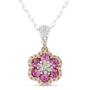 0.72ct Round Cut Lab-Created Pink Sapphire & Diamond Flower Pendant & Chain Necklace in 14k Rose & White Gold