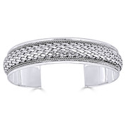 Basket-Weave & Braided Rope Detail 15mm Open-Cuff Bangle in Solid .925 Sterling Silver - ST-BG018-SL