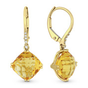 5.14ct Cushion Checkerboard Citrine & Diamond Dangling Earrings in 14k Yellow Gold - AM-DE11868