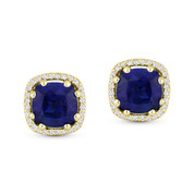2.68ct Cushion Cut Lab-Created Blue Sapphire & Round Diamond 8-Prong Square-Halo Stud Earrings in 14k Yellow Gold - AM-DE11800