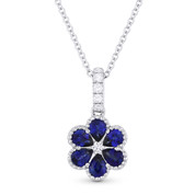 0.73 ct Pear-Shape Sapphire & Round Diamond Flower Pendant in 18k White Gold w/ 14k Chain - AM-DN4713