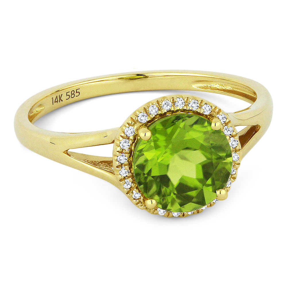 1.49ct Round Brilliant Cut Peridot & Round Diamond Halo Promise Ring in 14k Yellow Gold AM