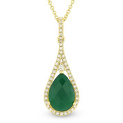1.86ct Green Agate & Diamond Tear-Drop Halo Pendant & Chain Necklace in 14k Yellow Gold