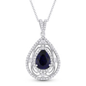 2.07ct Pear-Shape Lab-Created Blue Sapphire & Diamond Antique-Style Pendant in 14k White Gold - AM-DN4809