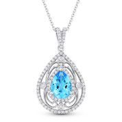 1.46ct Blue Topaz & Diamond Antique-Style Pendant & Chain Necklace in 14k White Gold - AM-DN5116