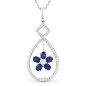 1.55ct Oval Cut Sapphire & Round Diamond Flower Pendant in 18k White Gold w/ 14k Chain Necklace