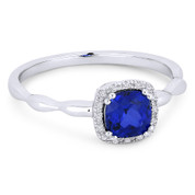 0.85ct Cushion Cut Lab-Created Blue Sapphire & Diamond Square-Halo Ring in 14k White Gold - AM-R1030WBC