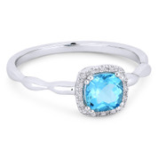 0.68ct Cushion Cut Blue Topaz & Diamond Square-Halo Promise Ring in 14k White Gold - AM-R1030WBT