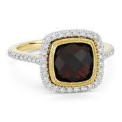 3.89ct Checkerboard Cushion Garnet & Diamond Pave Halo Ring in 14k Yellow & White Gold - AM-DR13896