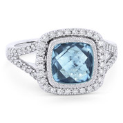 3.07ct Checkerboard Cushion Blue Topaz & Diamond Pave Halo Ring in 14k White Gold - AM-DR13899