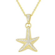 0.16ct Round Cut Diamond Starfish Animal Charm Pendant & Chain Necklace in 14k Yellow Gold