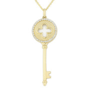 0.18ct Round Cut Diamond Key-to-Heart & 4-Leaf Clover Charm Pendant & Chain Necklace in 14k Yellow Gold