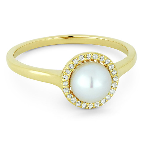 Freshwater White Pearl & 0.08ct Round Cut Diamond Halo Ring in 14k ...