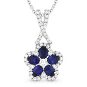 1.42ct Oval Cut Sapphire & Round Diamond Pave Flower Pendant in 18k White Gold w/ 14k Chain Necklace