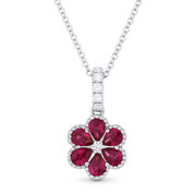 0.73ct Pear-Shape Ruby & Round Cut Diamond Flower Pendant in 18k White Gold w/ 14k Chain - AM-DN4714
