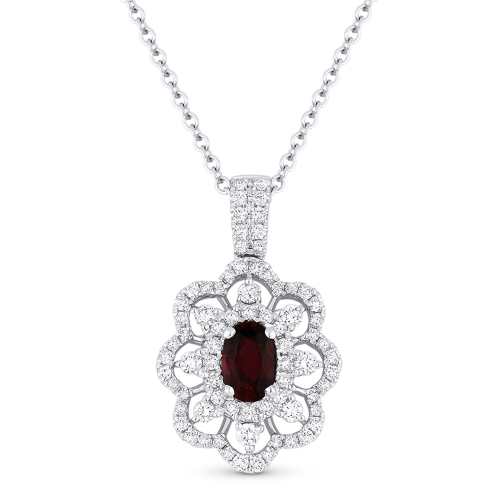 1.06 ct Oval Ruby & Round Diamond Pave Flower Pendant in ...