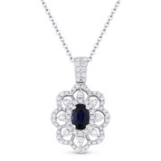 1.14 ct Oval Sapphire & Round Diamond Pave Flower Pendant in 18k White Gold w/ 14k Chain - AM-DN4852