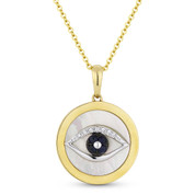 2.55ct Mother-of-Pearl, Sapphire, & Diamond Evil Eye Charm Pendant & Chain in 14k Yellow Gold - AM-DP5487