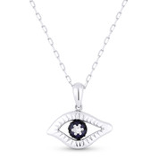 0.15ct Diamond & Sapphire Evil Eye Charm Pendant & Chain in 14k White & Black Gold - AM-DN4744