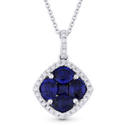 1.48ct Sapphire & Diamond Flower Pendant in 18k White Gold w/ 14k Chain Necklace - AM-DN4904