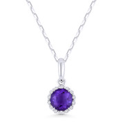 0.56ct Round Cut Purple Amethyst & Diamond Halo Pendant & Chain Necklace in 14k White Gold - AM-N1008AMW