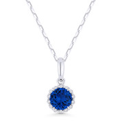 0.65ct Round Cut Blue Lab-Sapphire & Diamond Halo Pendant & Chain Necklace in 14k White Gold - AM-N1008BCW