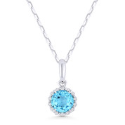 0.74ct Round Cut Blue Topaz & Diamond Halo Pendant & Chain Necklace in 14k White Gold - AM-N1008BTW