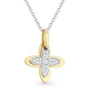 0.07ct Round Cut Diamond 4-Petal Flower Charm Pendant & Chain Necklace in 14k Yellow & White Gold