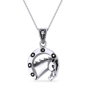Horse & Horseshoe Luck Charm Pendant & Cable Link Chain Necklace in Oxidized .925 Sterling Silver - ST-FP007-SLO