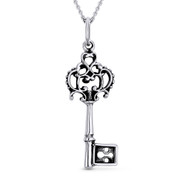 Antique-Style Key Charm Pendant & Cable Link Chain Necklace in Oxidized .925 Sterling Silver - ST-FP011-SLO