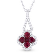 0.69ct Round & Princess Cut Ruby & Diamond Pave Flower Charm Pendant & Chain Necklace in 14k White Gold