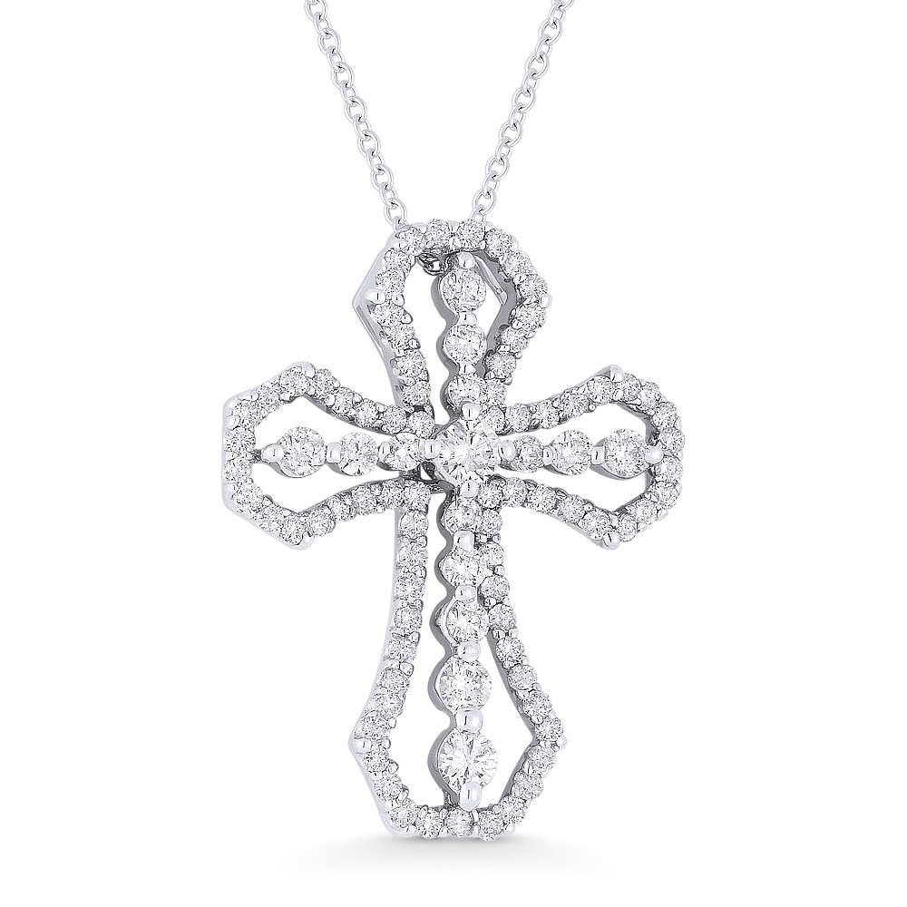 1.12ct Round Cut Diamond Cross Pendant in 18k White Gold w/ 14k Gold