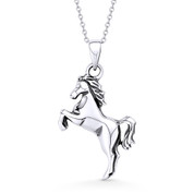 Rearing Horse Animal Charm Pendant & Cable Link Chain Necklace in Oxidized .925 Sterling Silver - ST-FP046-SLO