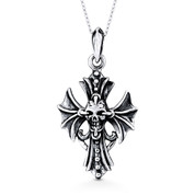 Skull & Batwing Gothic Biker's Cross Pendant & Chain Necklace in Oxidized .925 Sterling Silver - ST-CP006-SLO