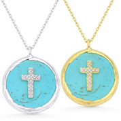 CZ Crystal Cross on Faux Turquoise Circle Pendant & Chain in .925 Sterling Silver - GN-CR001-SL